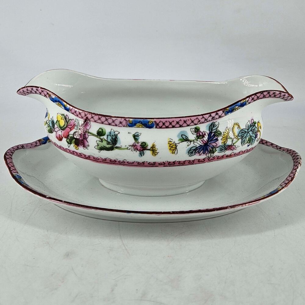 Vintage Noritake Nippon Porcelain Gravy Boat w attached plate Bird of Paradise
